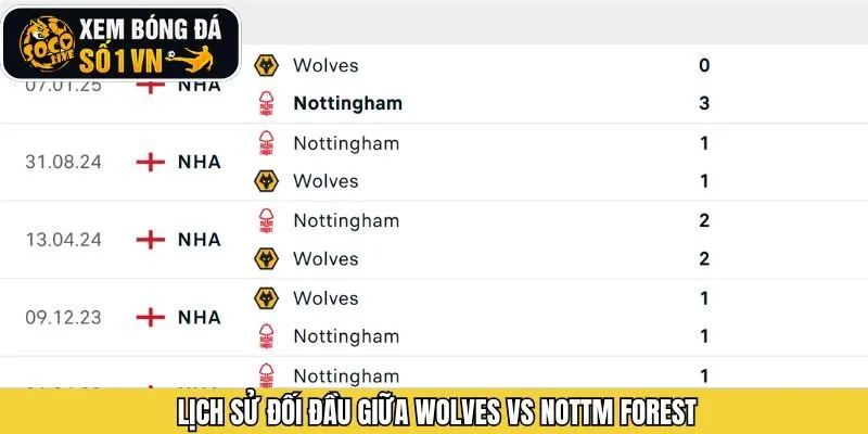Lịch sử đối đầu giữa Wolves vs Nottm Forest